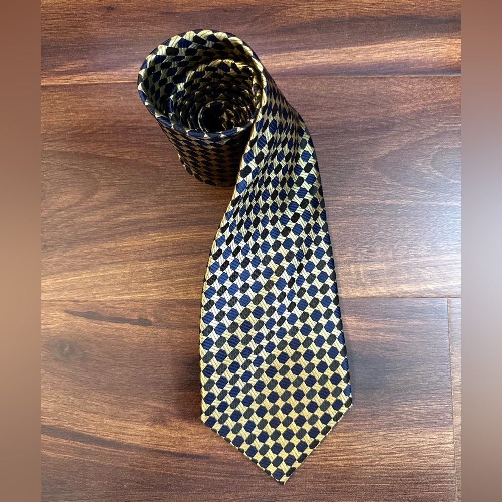 Sophisticated BERGAMO New York Blue, Black and Gold Checkered Pure Silk Tie